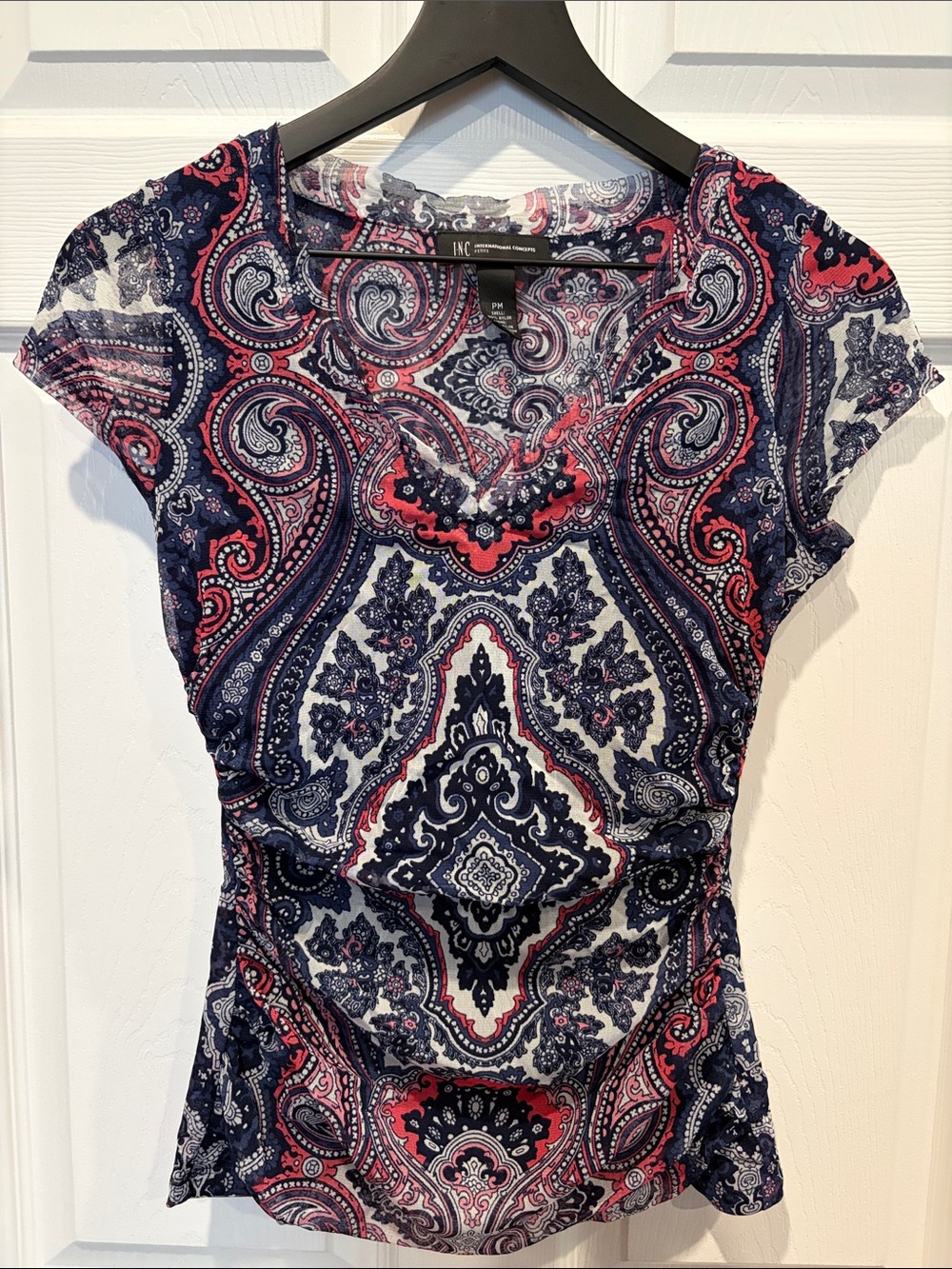 INC International Concepts Navy and Red Paisley V-Neck Short Sleeve Top
